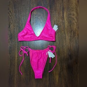 Aerie Shine Rib Bikini Bright Pink Bikini Set